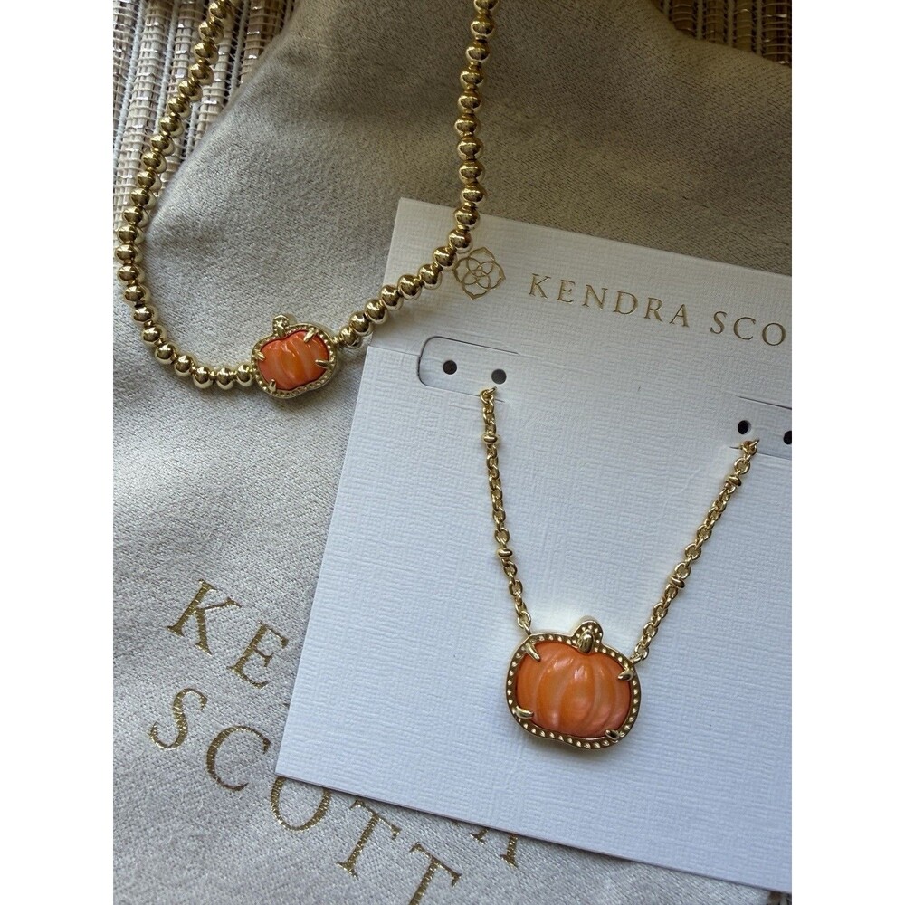 Kendra Scott Pumpkin Gold Pendant Necklace And Stretch Bracelet SET Orange NWT